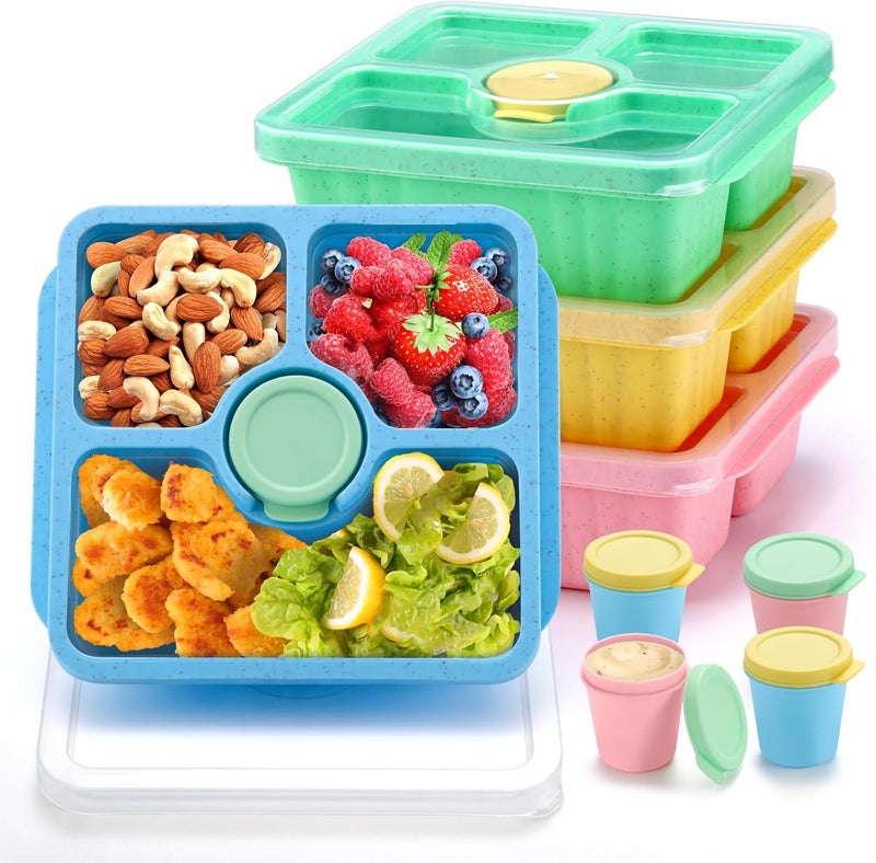 QQKO Bento Snack Box for Adults Kids, Lunchable Meal Prep Container Reusable, 4 Pack Divided Food Storage With Lids, Stackable Lunch Box With Sauce Cups, Pastel - Image 1